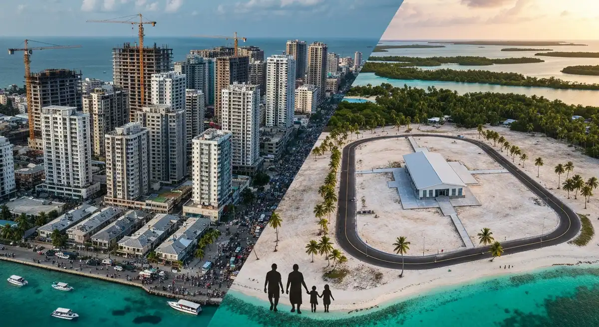 މާލޭގެ ތޮއްޖެހިފައިވާ އުސްމަސައްގަތައް އެއްފަރާތުގައި އަދި އަތޮޅުތެރޭގެ ރަށެއްގައި ހުސްވެފައިވާ މަލްޓިޕާޕަސް ހޯލެއް އަނެއްފަރާތުގައި ދައްކާލައިގެން ދިވެހިރާއްޖޭގެ ތޮއްޖެހުމާއި ރަށްރަށުގެ ބޭނުންނުކުރާ ވަސީލަތްތަކުގެ ތަފާތު ދައްކުވައިދޭ ތަސްވީރެއް