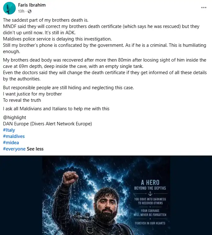 މަހުދީގެ ކޮއްކޮ ފާރިސް އިބްރާހީމް ސޯޝަލް މީޑިއާގައި ކޮށްފައިވާ ޕޯސްޓު