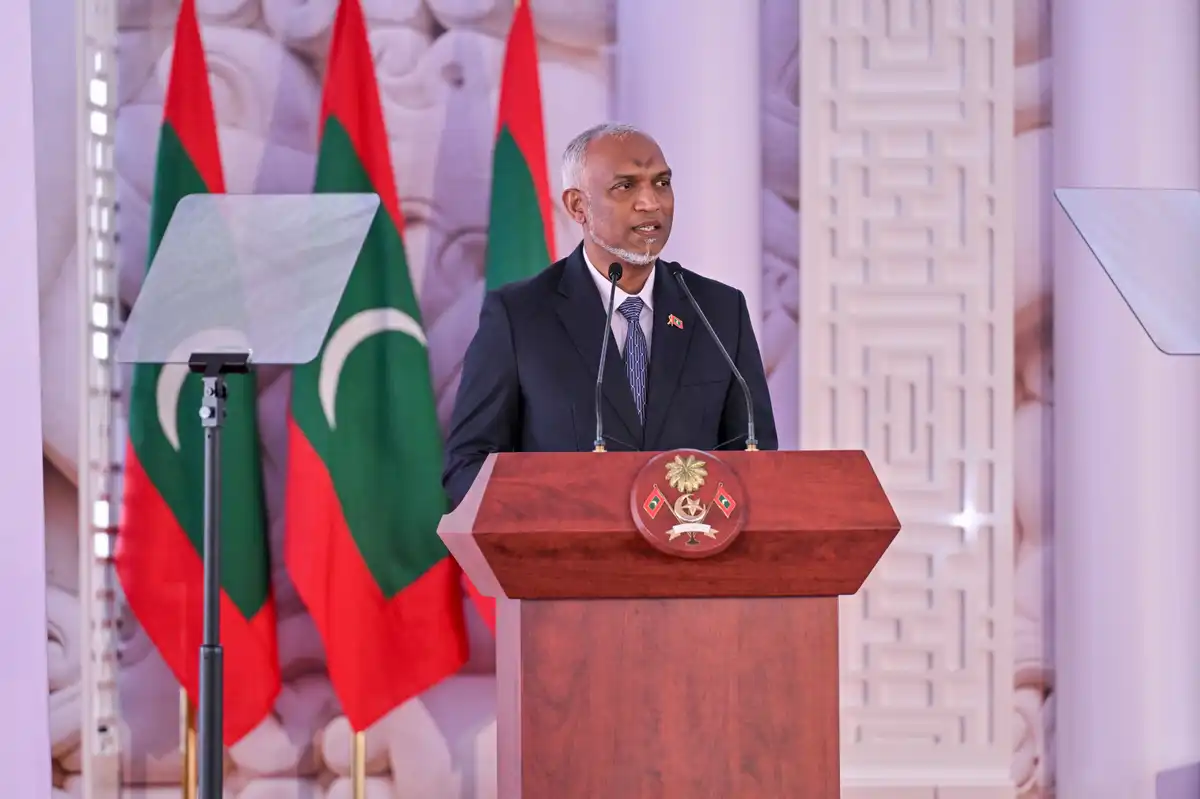 President Dr. Mohamed Muizzu delivers his address at the official ceremony marking National Day.