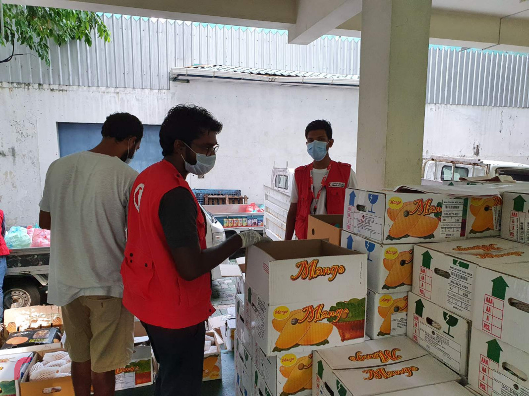 ދިވެހި ރެޑްކްރަސަންޓުން ބިދޭސީންނަށް ކާބޯތަކެތި ފޯރުކޮށްދިނުމަށް ކުރާ މަސައްކަތްތަކުގެ ތެރެއިން - ކޮންމެ ދުވަހެއްގެ 4:30 ގައި ރެޑްކްރެސެންޓުގެ ދަރުމަވެރިން ކަލާފަނު ސުކޫލުގައި މަސައްކަތް ފަށައިގަނޭ -- ފޮޓޯ: ރާއްޖެ.އެމްވީ